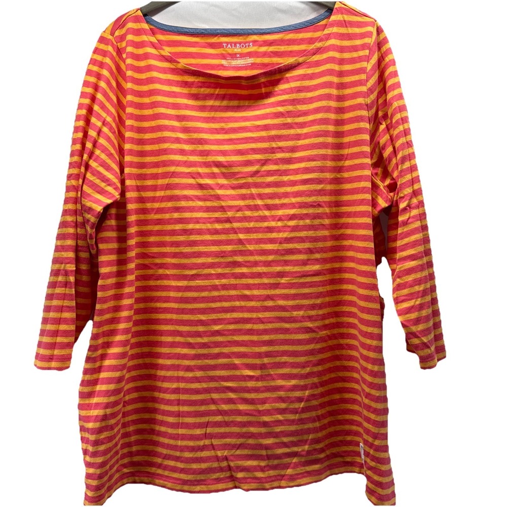 Talbots Women's Top Sz 1X Plus Stripe Orange yellow 3/4 Sleeves Pullover Stretch